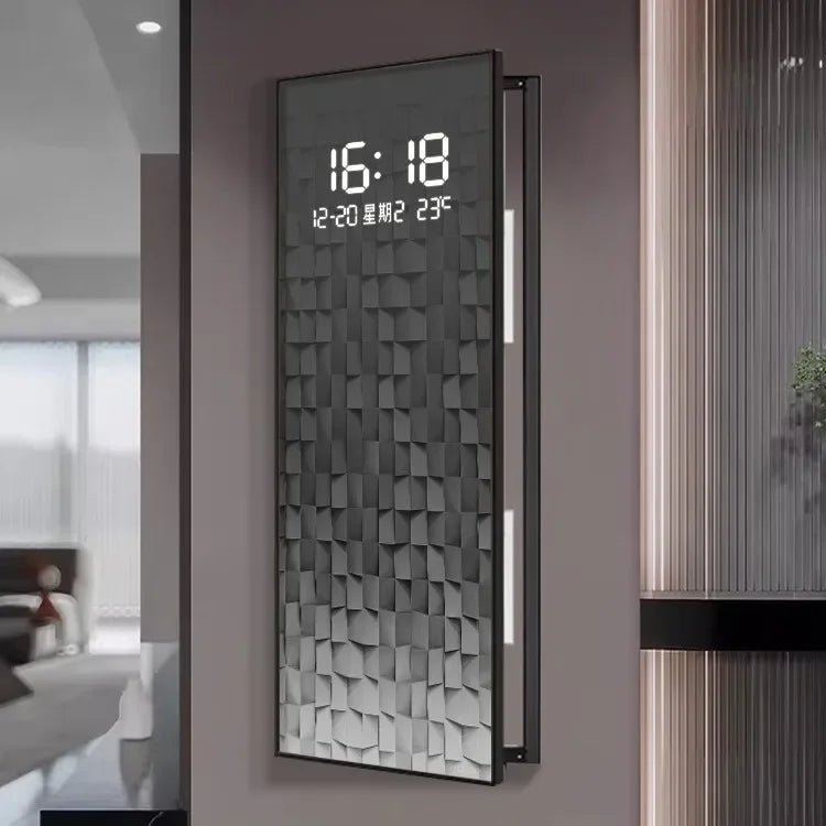 Nordic style luminous digital clock with geometric pattern displaying time, date, and temperature, mounted on a living room wall.