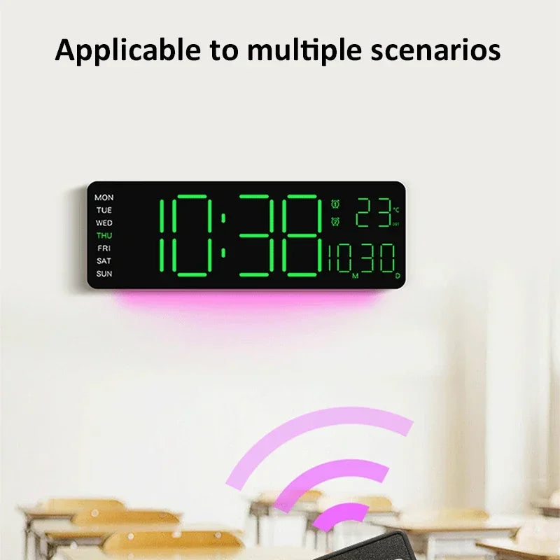 13-inch LED digital alarm clock with time, day, and temperature display, suitable for multiple scenarios.