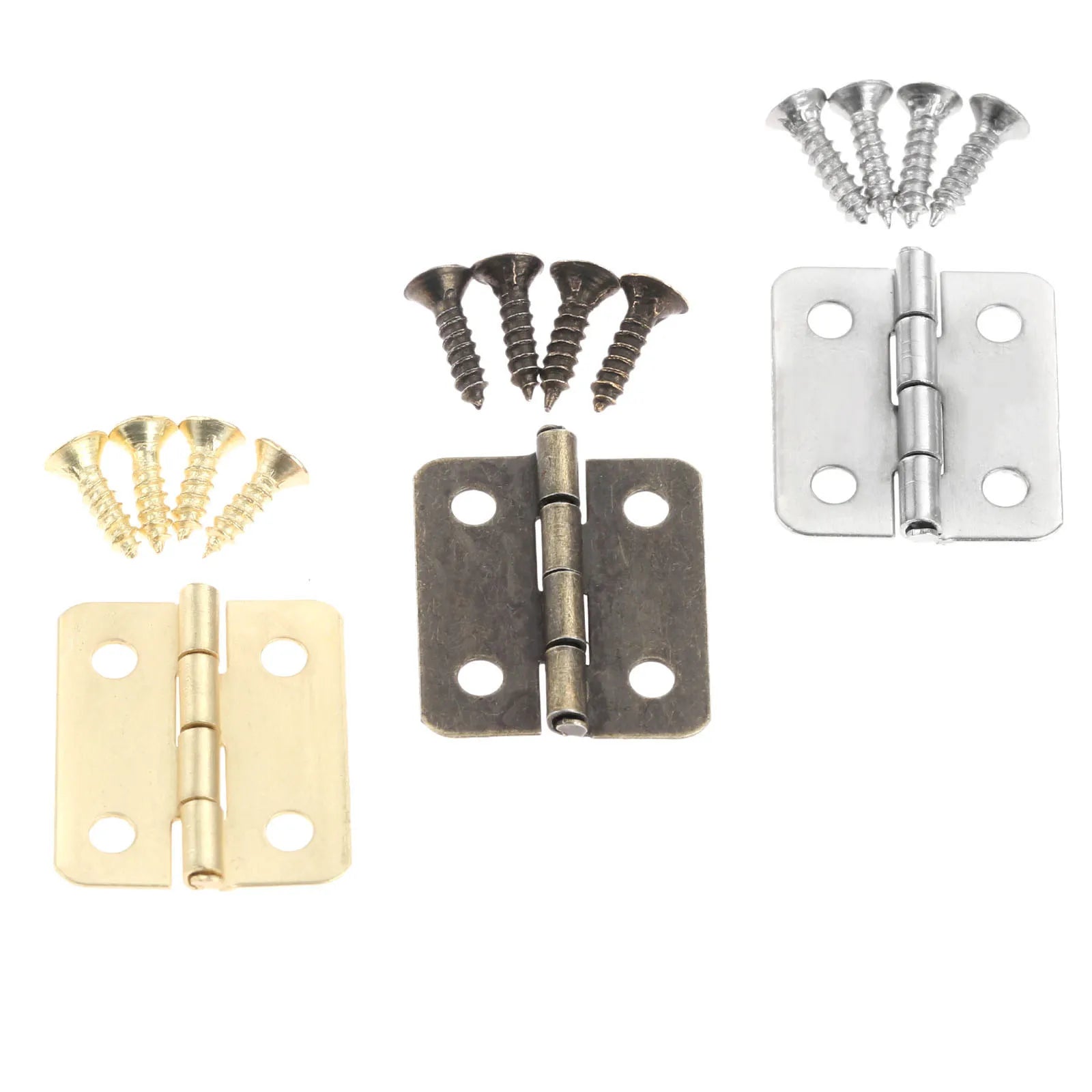 Decorative hinges with screws in silver, antique bronze, and gold, ideal for cabinets, wooden boxes, and gift cases, size 18x16mm.