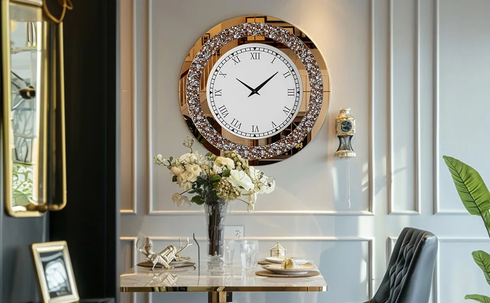 Silver,Tawny Tinted Round Mirror ,24inch Crystal Sparkle Twinkle Bling Crush Diamond Large Mirrored Wall Clock for Living Room