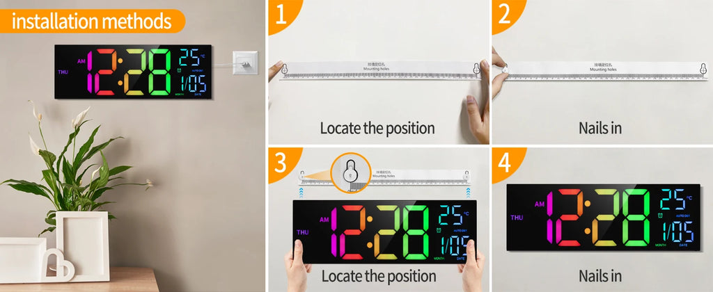 16" B Large Digital Wall Clock, Big LED Display with Remote, 8 RGB Color, Alarm, DST, Temperature for Living Room, Office