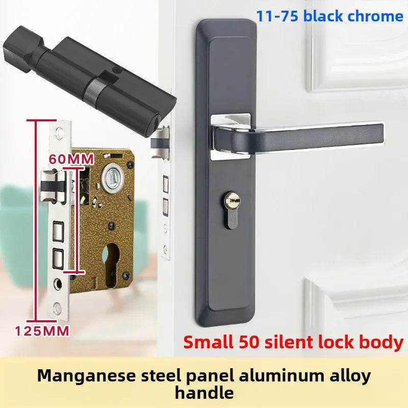 Complete Door Lock Set for Indoor Bedroom, Black Bathroom Solid Wood Handle Silent Home Door Lock, Includes Lock Body and Core