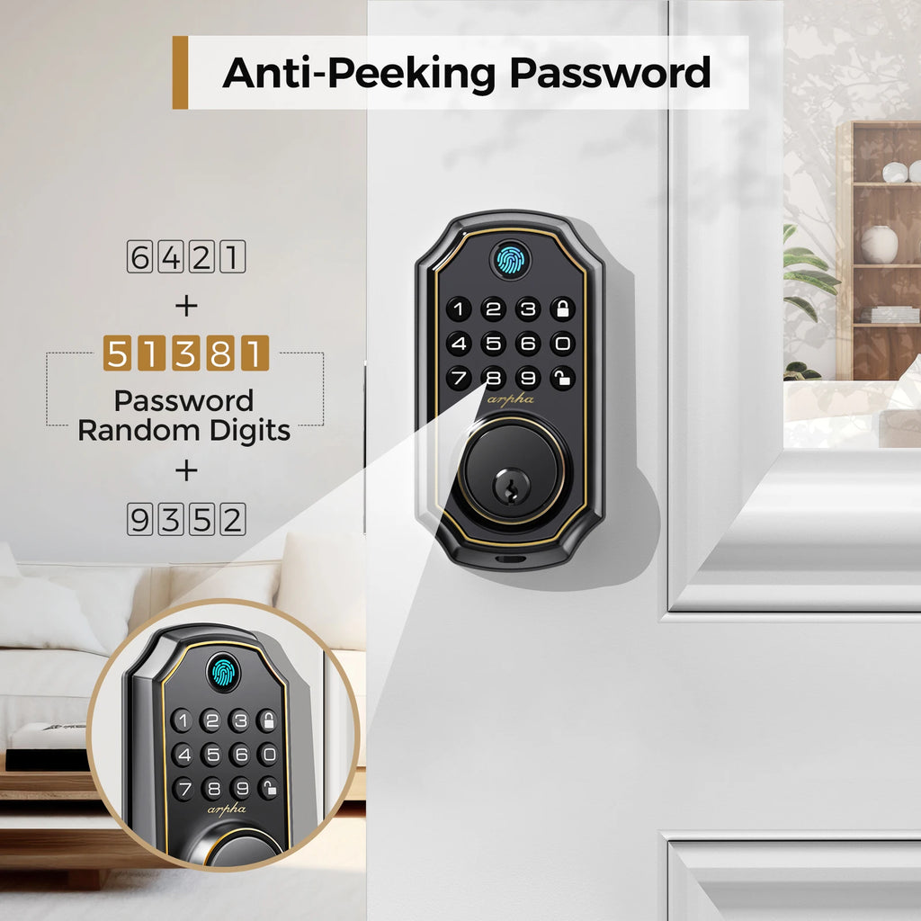 Arpha D280 Keyless Entry Door Lock with Fingerprint Scanner and Keypad on a white door, showcasing its Anti-Peeking Password feature.