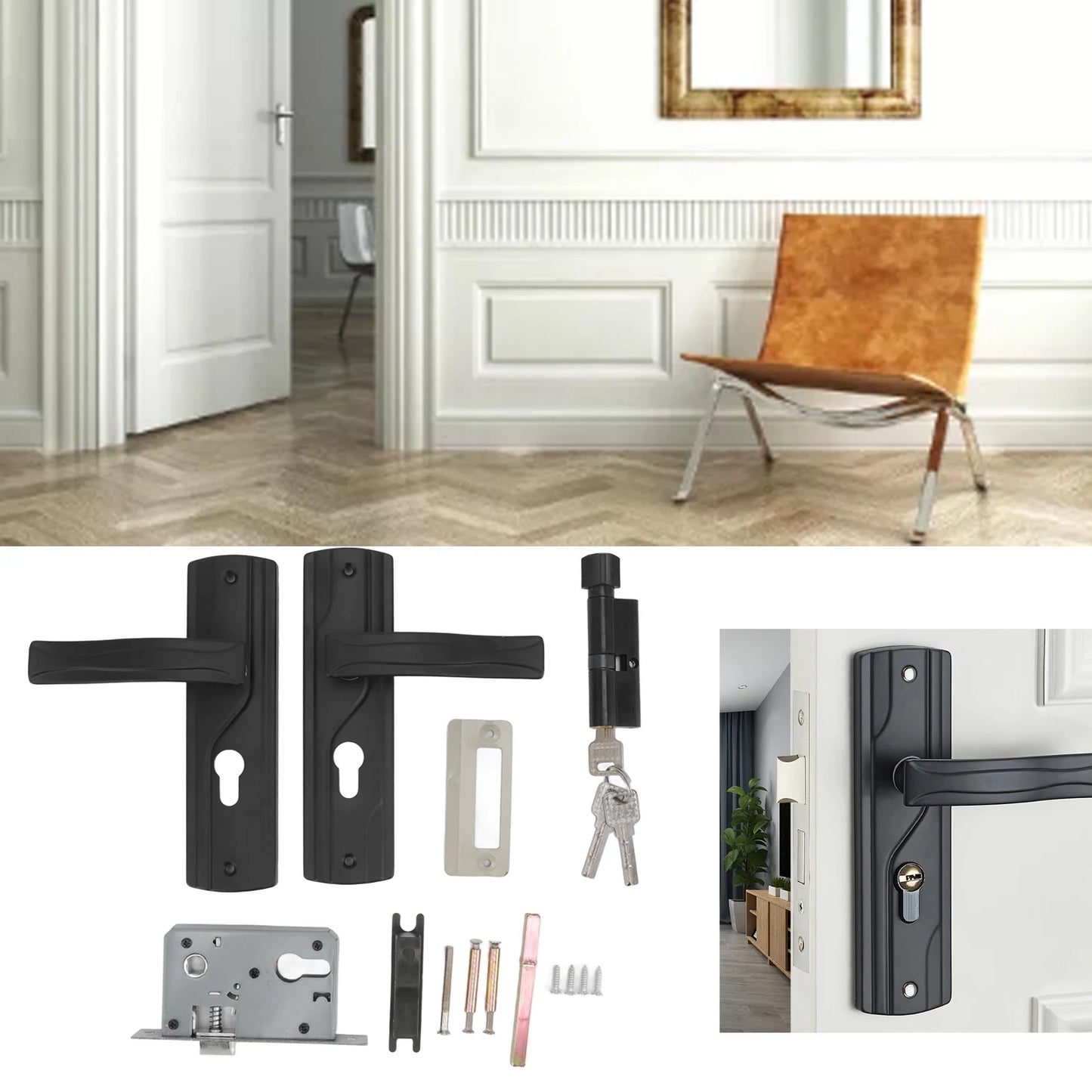 Door Handle Lock Manganese Steel Silent Bearing Universal Door Lever Lock Set with Keys for Home Bedroom Black Keyed Entry Lock