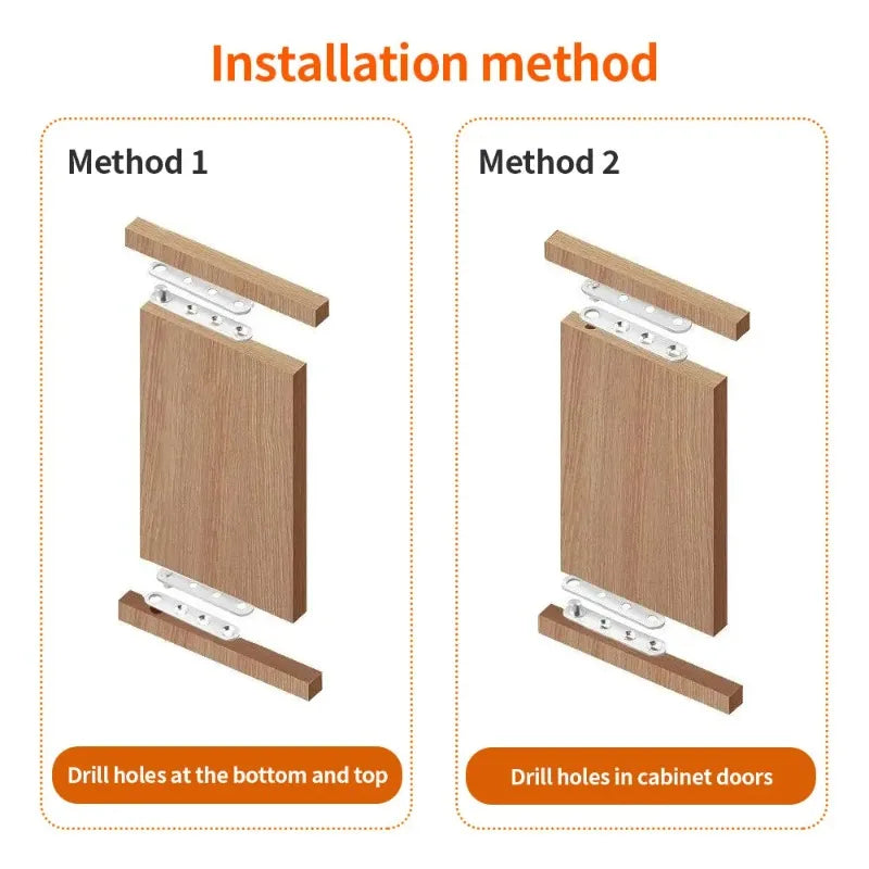 Installation guide for rotating hinges with two methods for cabinet doors and wardrobes.