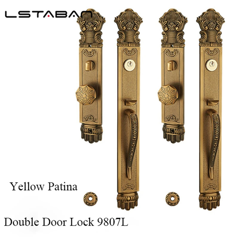 Luxury European Solid wood Villa Interior Door Lock Gate Outdoor Double Open Yellow Bronze Wooden Door Lock