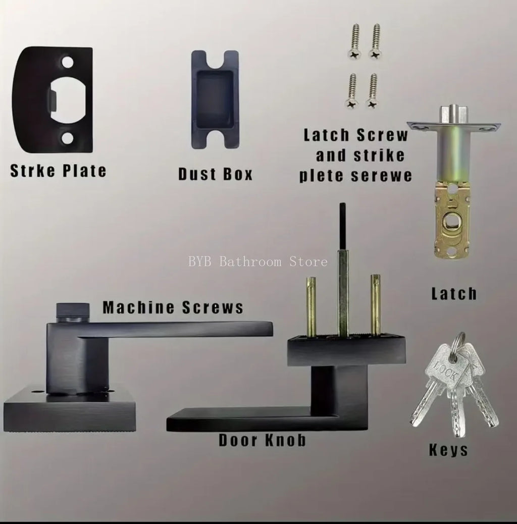 Black door handle set with square design, privacy lock, latch, strike plate, dust box, screws, and keys for interior use.