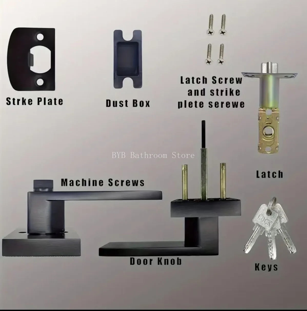 Black door handle set with square design, privacy lock, latch, strike plate, dust box, screws, and keys for interior use.