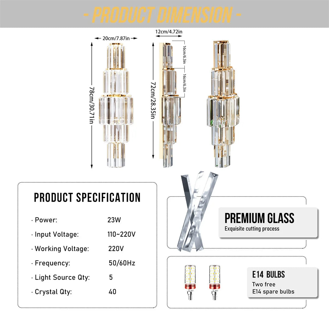 LUVODI Modern Crystal Wall Lamp 3-Layer Wall Crystal Sconce Light E14 Led Corn Lights