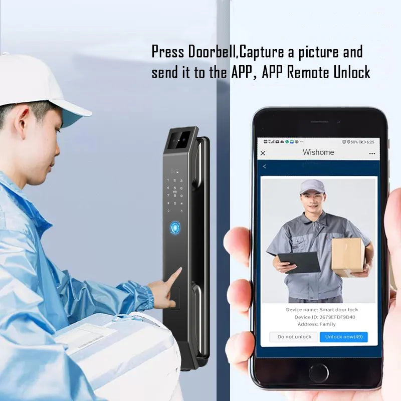 Digital door lock with face recognition and remote unlocking app interface.
