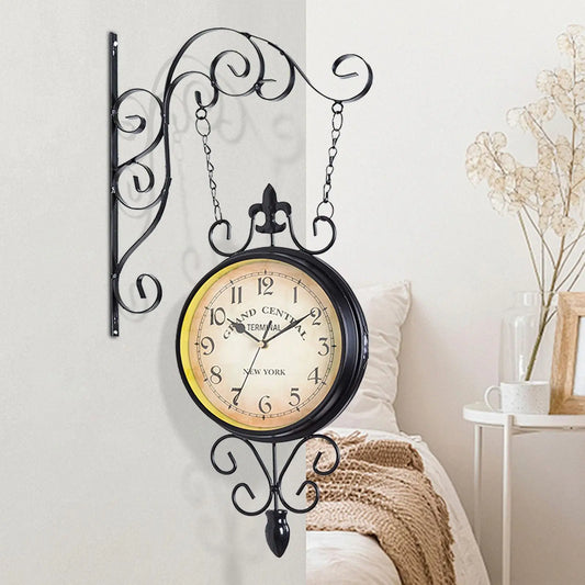 Double Sided Station Clock Round Silent Wall Clock for Kitchen Outdoor Patio