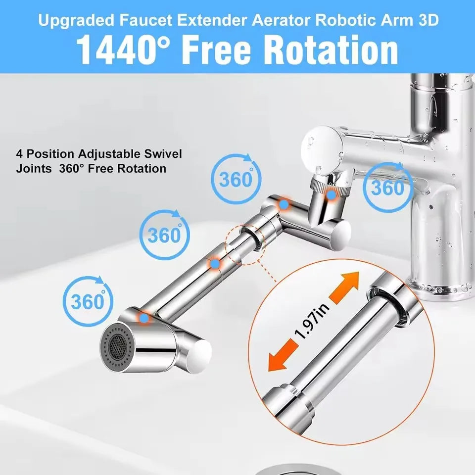 New Metal 1440 °Retractable Universal Robotic Arm Swivel Extension Faucet Aerator Kitchen Sink Faucet Extender 2 Water Flow Mode