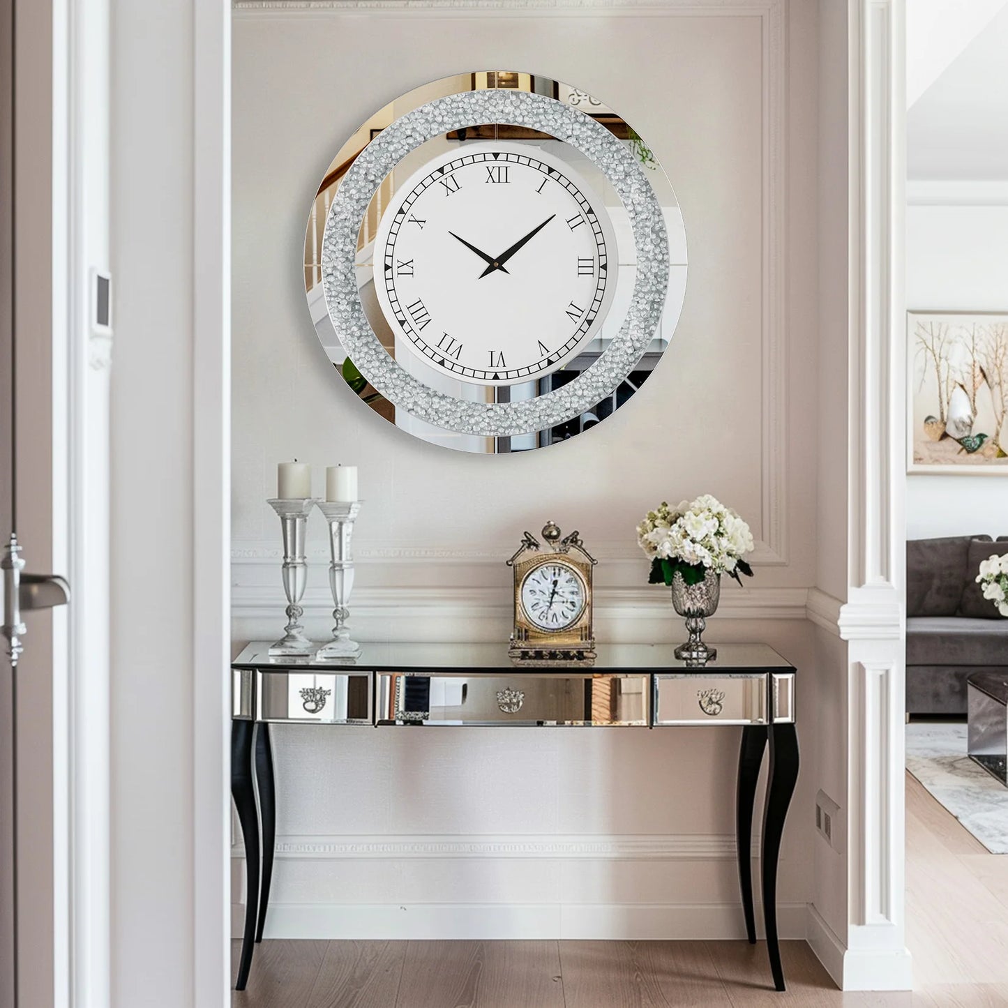 Silver,Tawny Tinted Round Mirror ,24inch Crystal Sparkle Twinkle Bling Crush Diamond Large Mirrored Wall Clock for Living Room