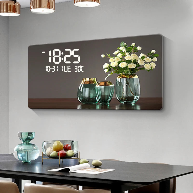 Large Size Flower Pattern Digital Wall Clock with LED Light,Creative Luxurious Muted Quartz Wall Clock for Home Decoration