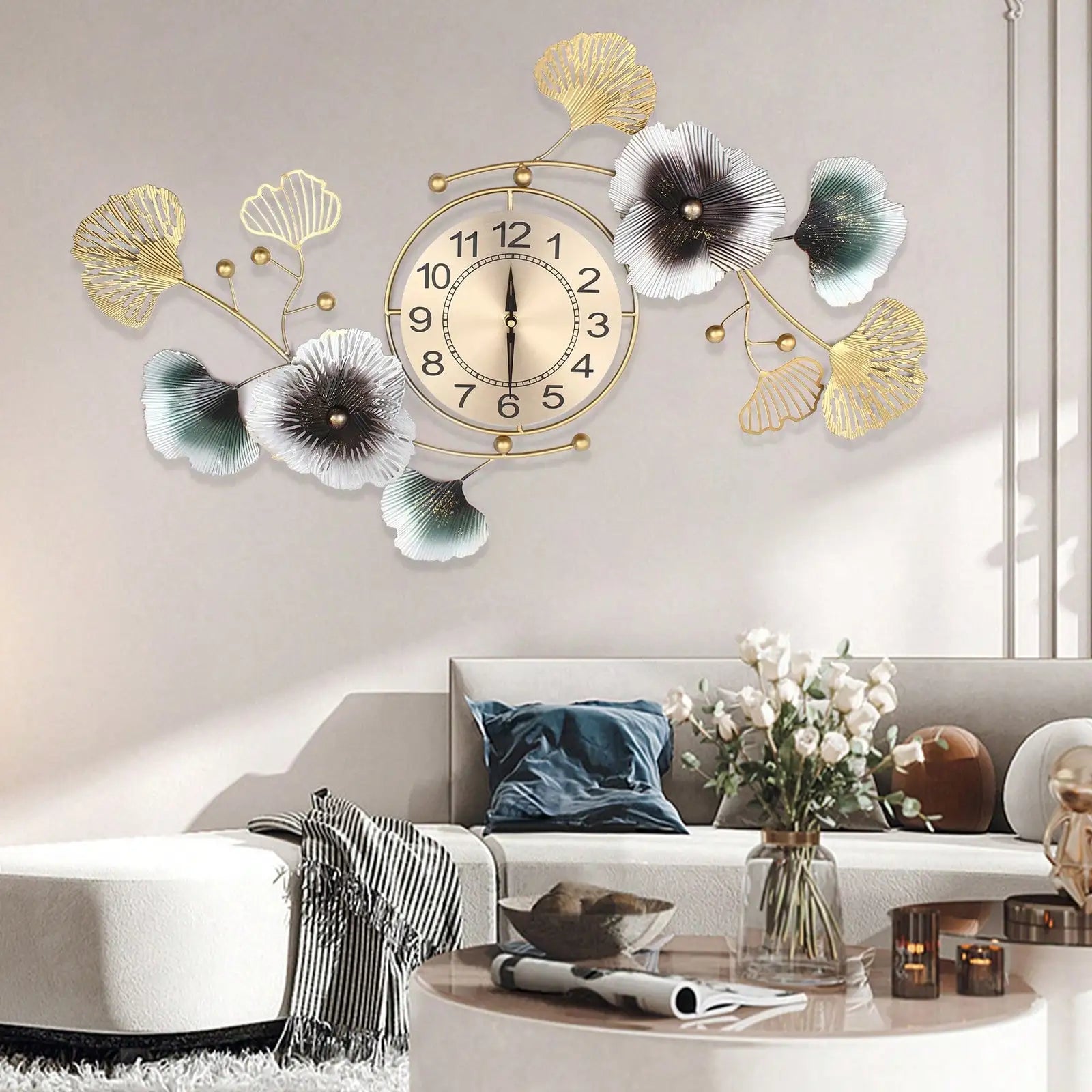 Large luxury ginkgo leaf wall clock with a mute mechanism, featuring gold and blue-green leaves, perfect for living room or office decor.