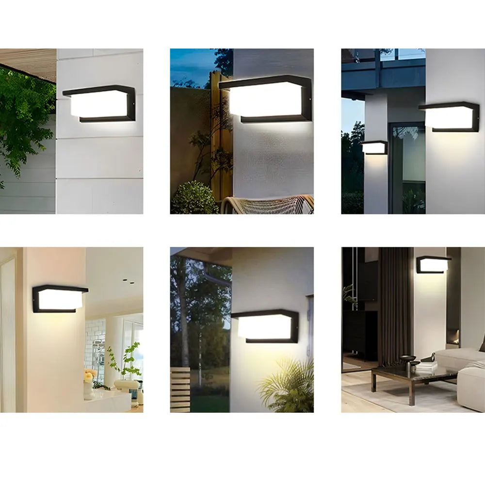 LED wall lamp with black frame and frosted cover, showcased in indoor and outdoor settings for home decoration and lighting.