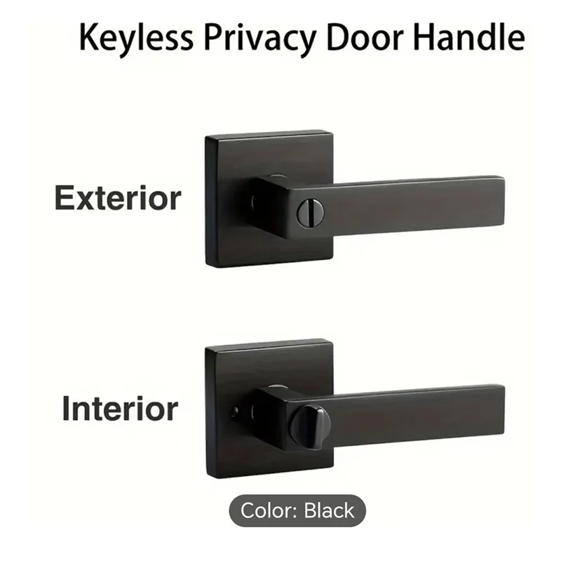 Premium Matte Black Keyless Privacy Door Lever with Square Backplate, Exterior and Interior Views