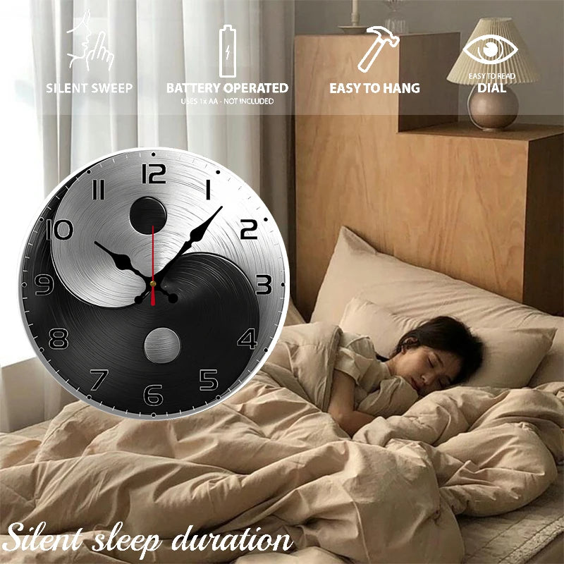 Yin Yang Metal Design Wooden Round Silent Hanging Wall Clock, Suitable For Living Room,Office,Study Room,Bedroom,Home Decoration