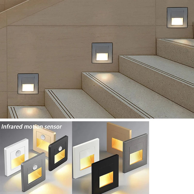 PIR Motion Detector LED Recessed Staircase Wall Lamp in various colors for AC 110V-240V, ideal for bedroom and night lighting.