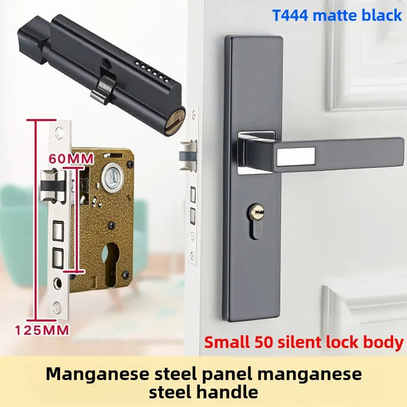 Complete Door Lock Set for Indoor Bedroom, Black Bathroom Solid Wood Handle Silent Home Door Lock, Includes Lock Body and Core