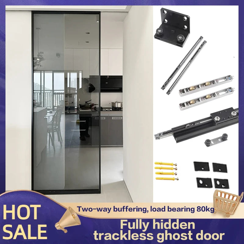 Ghost Door Hardware with two-way buffering and trackless invisible track for sliding doors, featuring a modern glass partition and detailed hardware components.