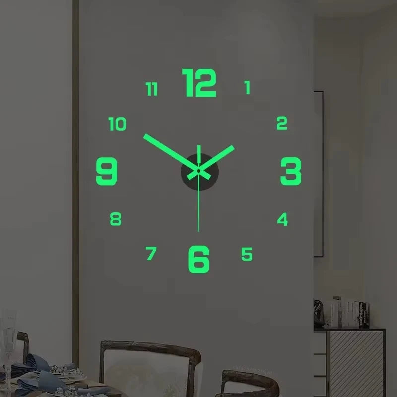 3D luminous frameless wall clock with glowing green numbers on a modern wall, ideal for living rooms and offices.