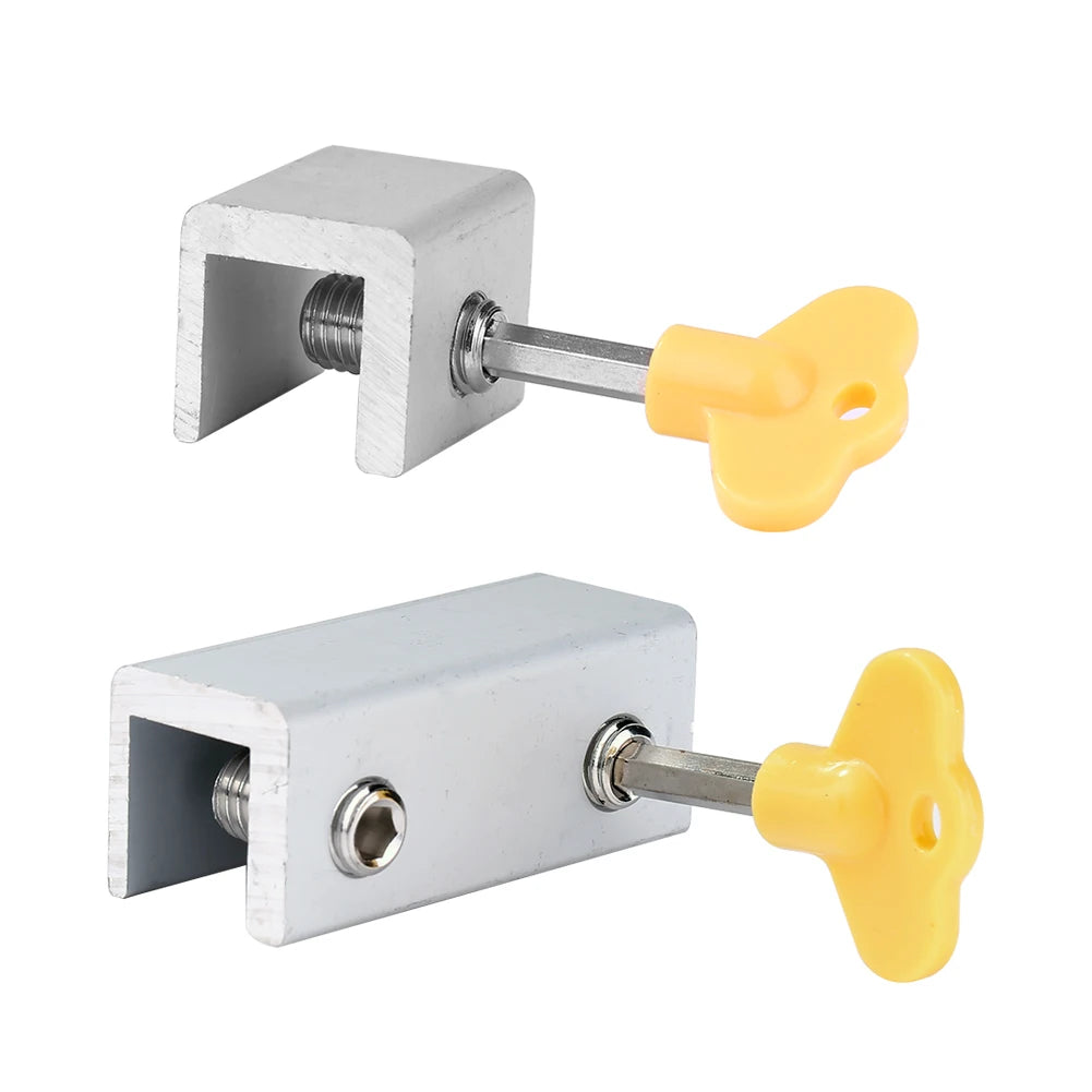 Secure aluminum window locks with yellow keys, featuring an adjustable screw mechanism for enhanced safety.