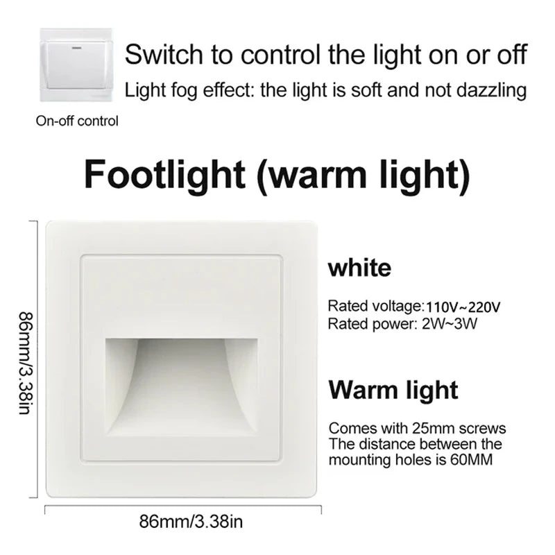 PIR Motion Detector LED Recessed Wall Lamp with Warm Light, 86mm x 86mm, White, 110V-220V