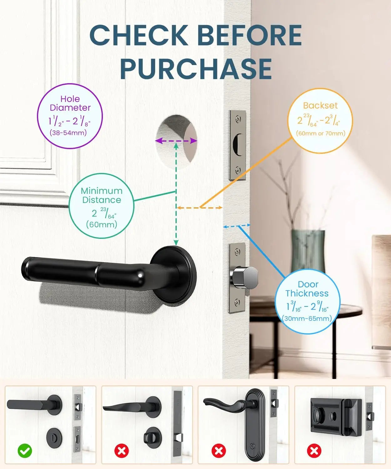 Fingerprint smart door lock with electronic keypad, showcasing compatibility measurements for installation on various door sizes.