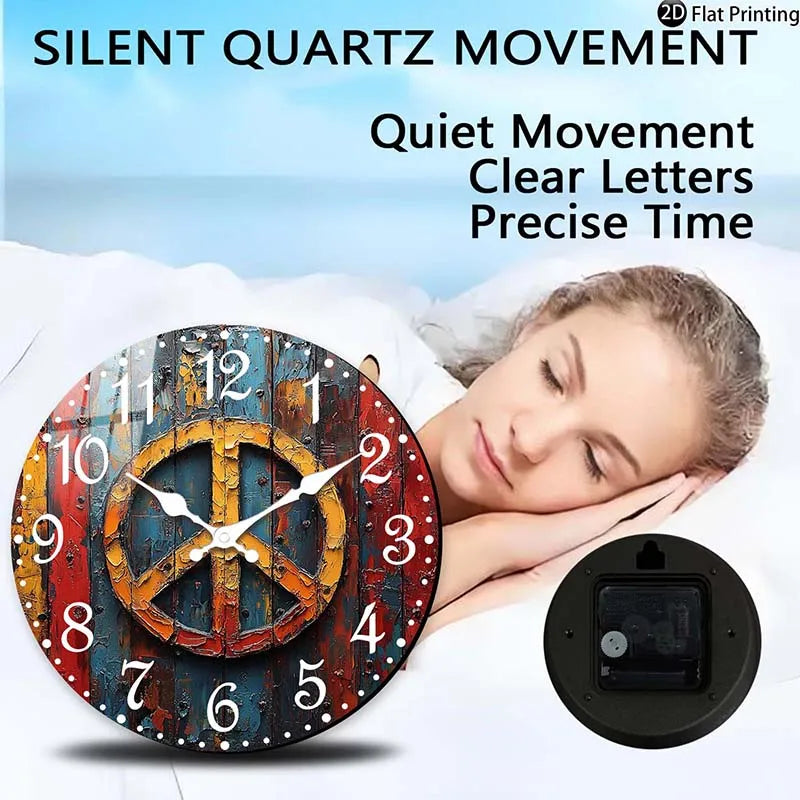 Wooden Silent Wall Clock Abstract peace symbol art Quartz Analog Clock Farmhouse,Office Idea Christmas Halloween