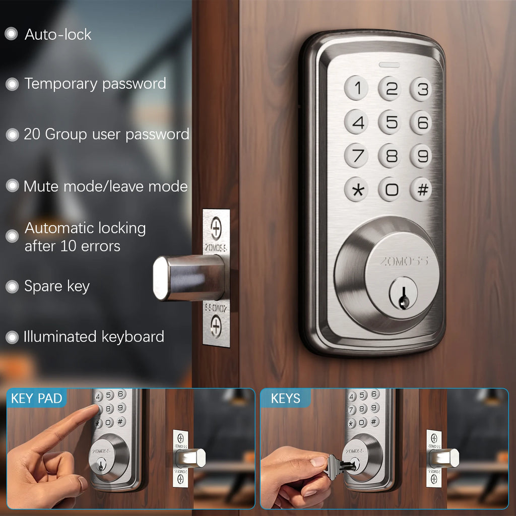 ZOMOSS Smart Keypad Door Lock with keyless entry, anti-peeking password, auto-lock, and illuminated keyboard.
