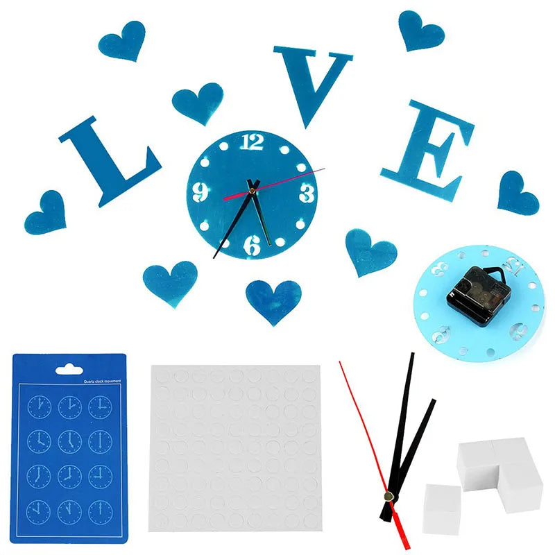 Acrylic DIY 3D Crystal Mirror Decorative ‘’love‘’ Wall Quartz Clock Home Decor Living Room Kitchen Clocks Home Modern Decoration