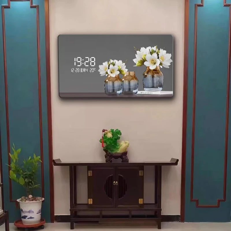 Large Size Flower Pattern Digital Wall Clock with LED Light,Creative Luxurious Muted Quartz Wall Clock for Home Decoration