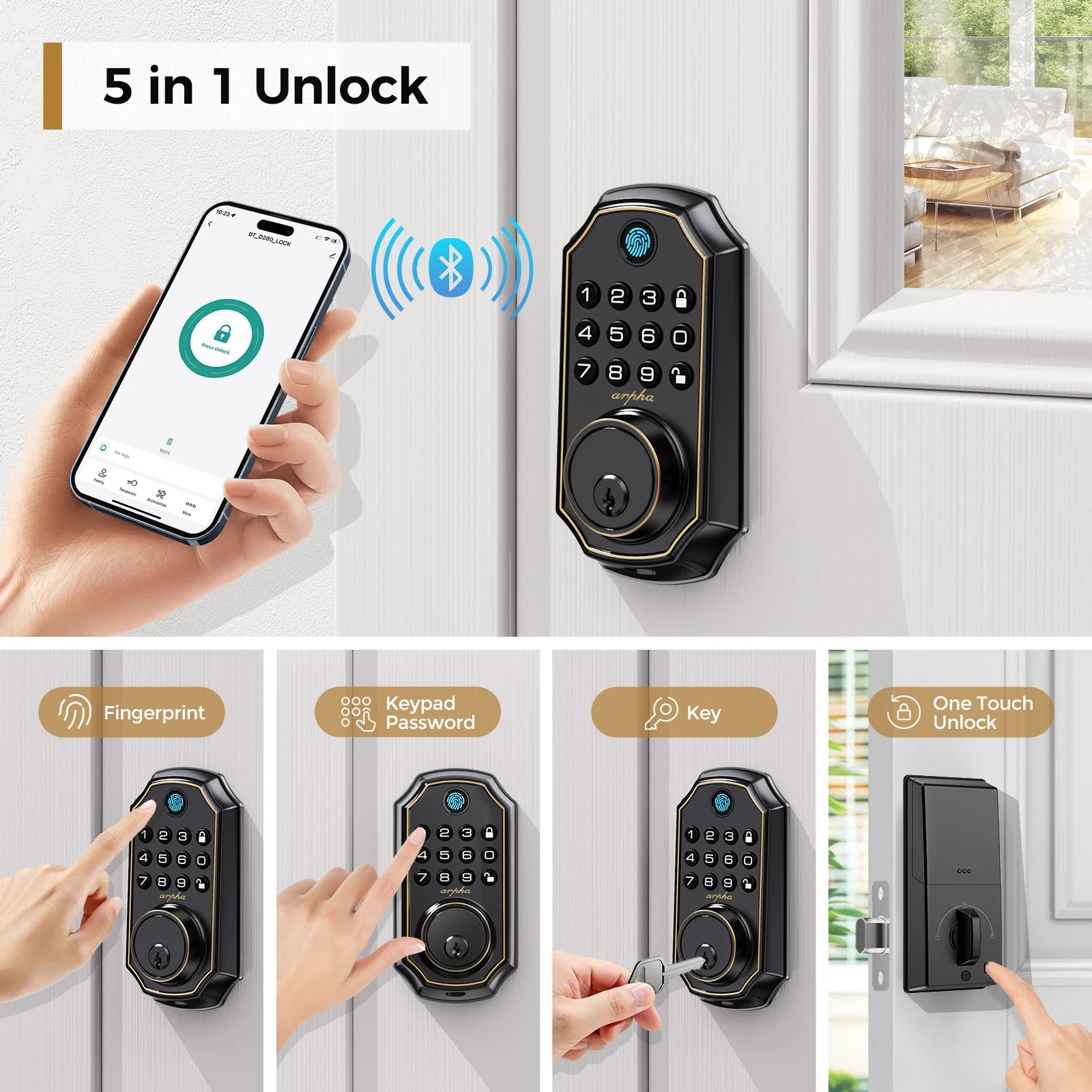 Arpha D280 Keyless Entry Door Lock featuring 5-in-1 smart functions: fingerprint, keypad password, key, Bluetooth, and one-touch unlock.