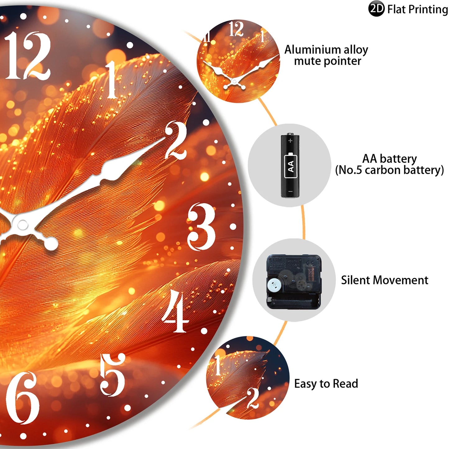 Wooden Silent Wall Clock Abstract glowing feathers Quartz Analog Clock for Bedroom Bathroom Halloween New Year Gift