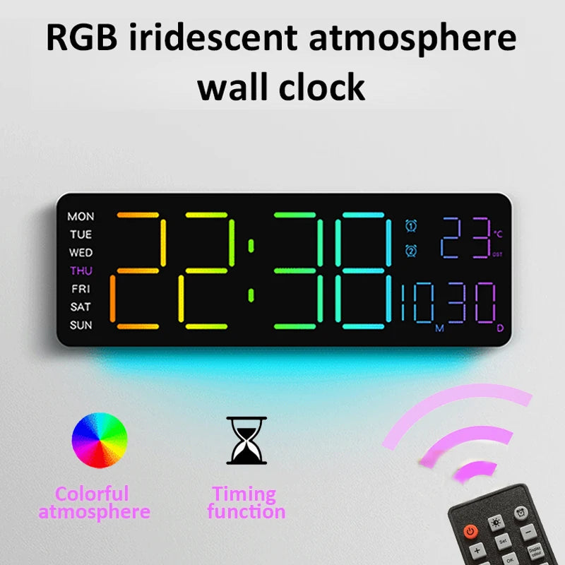 13-inch LED digital alarm clock with RGB iridescent colors, displaying time, temperature, date, and days of the week. Includes remote control.