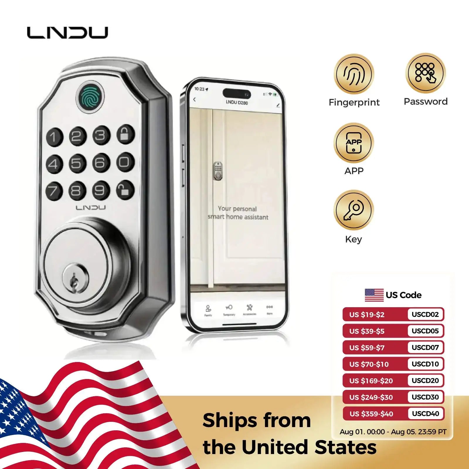 LNDU Smart Door Lock D280L with fingerprint, keypad, app, and key access, displayed with smartphone app and U.S. shipping details.