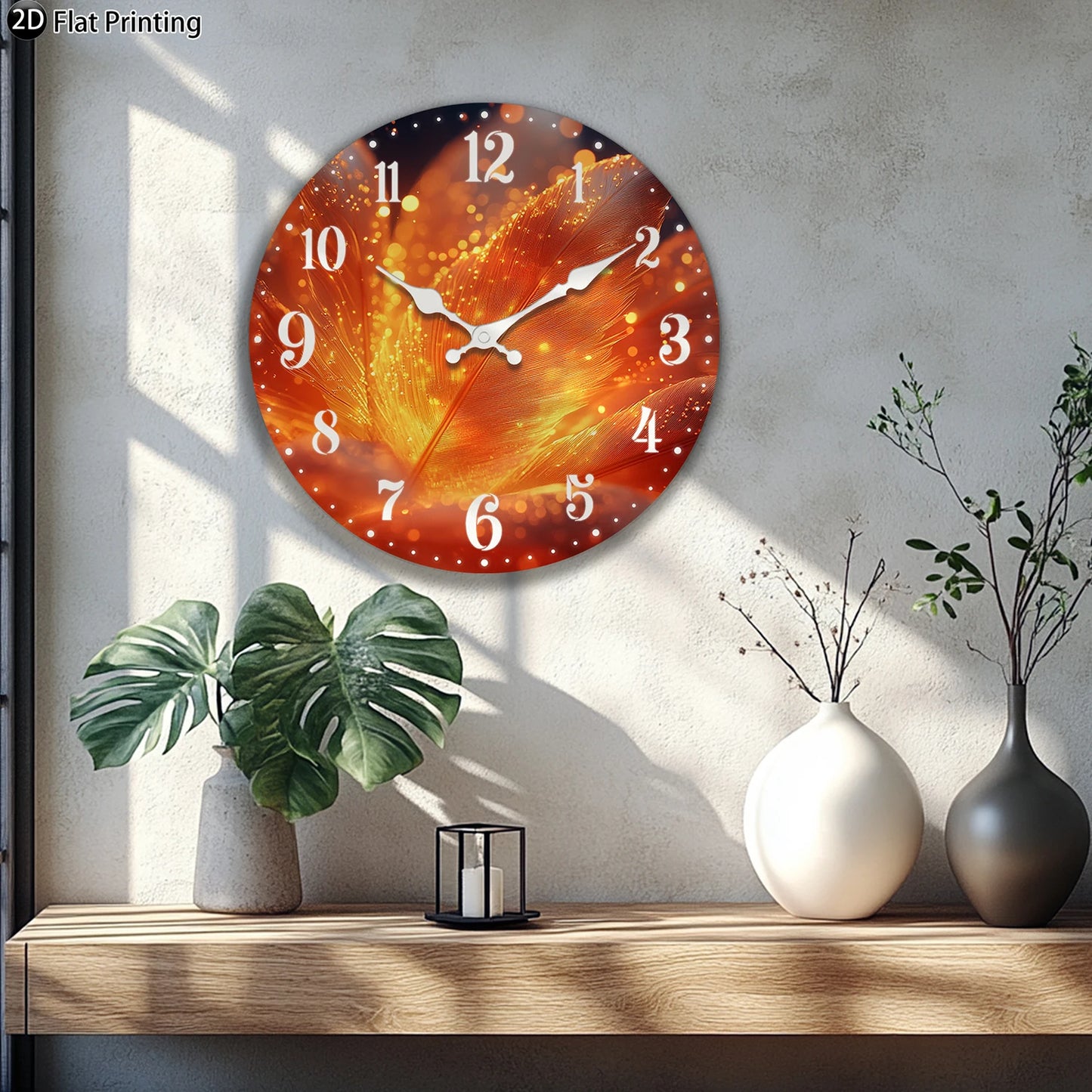 Wooden Silent Wall Clock Abstract glowing feathers Quartz Analog Clock for Bedroom Bathroom Halloween New Year Gift