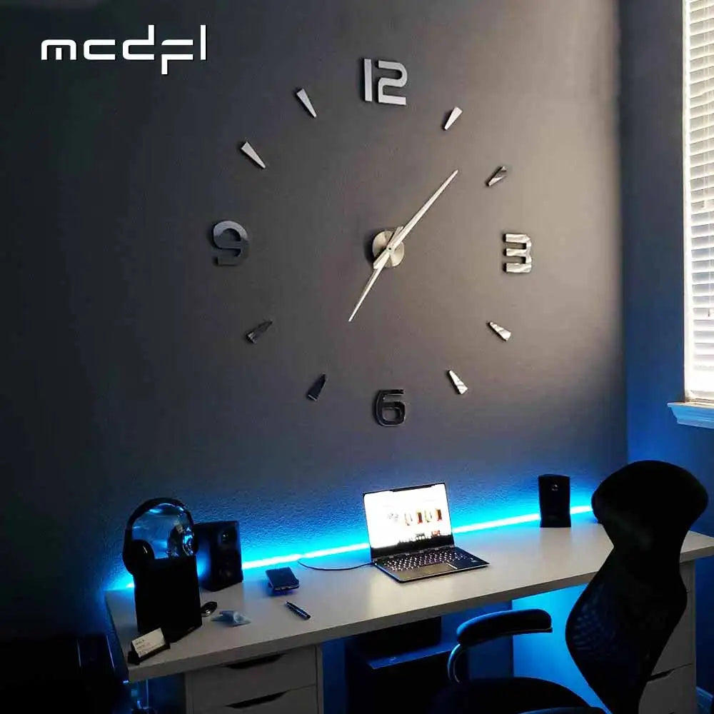 MCDFL 3D Large Wall Clock with self-adhesive acrylic mirror stickers in a modern home office setting.