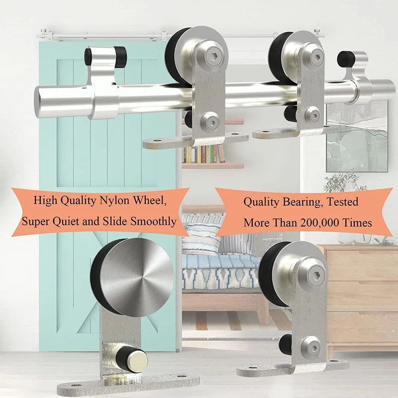 CCJH 4-6.6FT Stainless Steel Sliding Door Track Kit with nylon wheels and tested bearings for single barn doors, shown in a home setting.