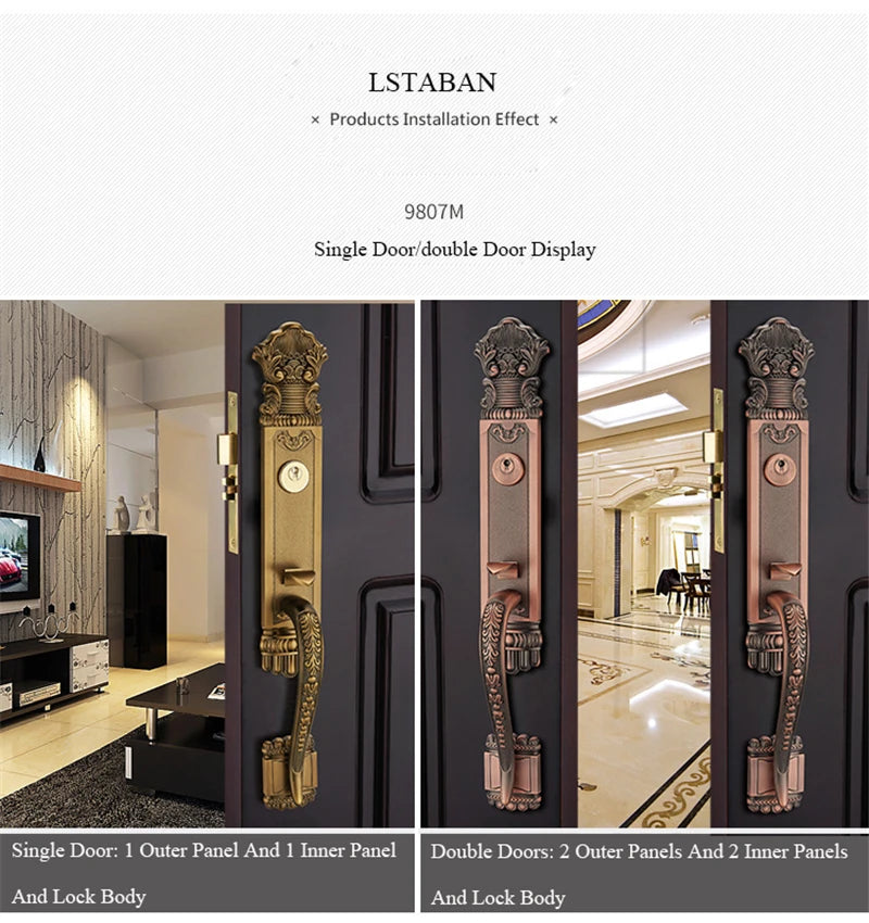Luxury European Solid wood Villa Interior Door Lock Gate Outdoor Double Open Yellow Bronze Wooden Door Lock