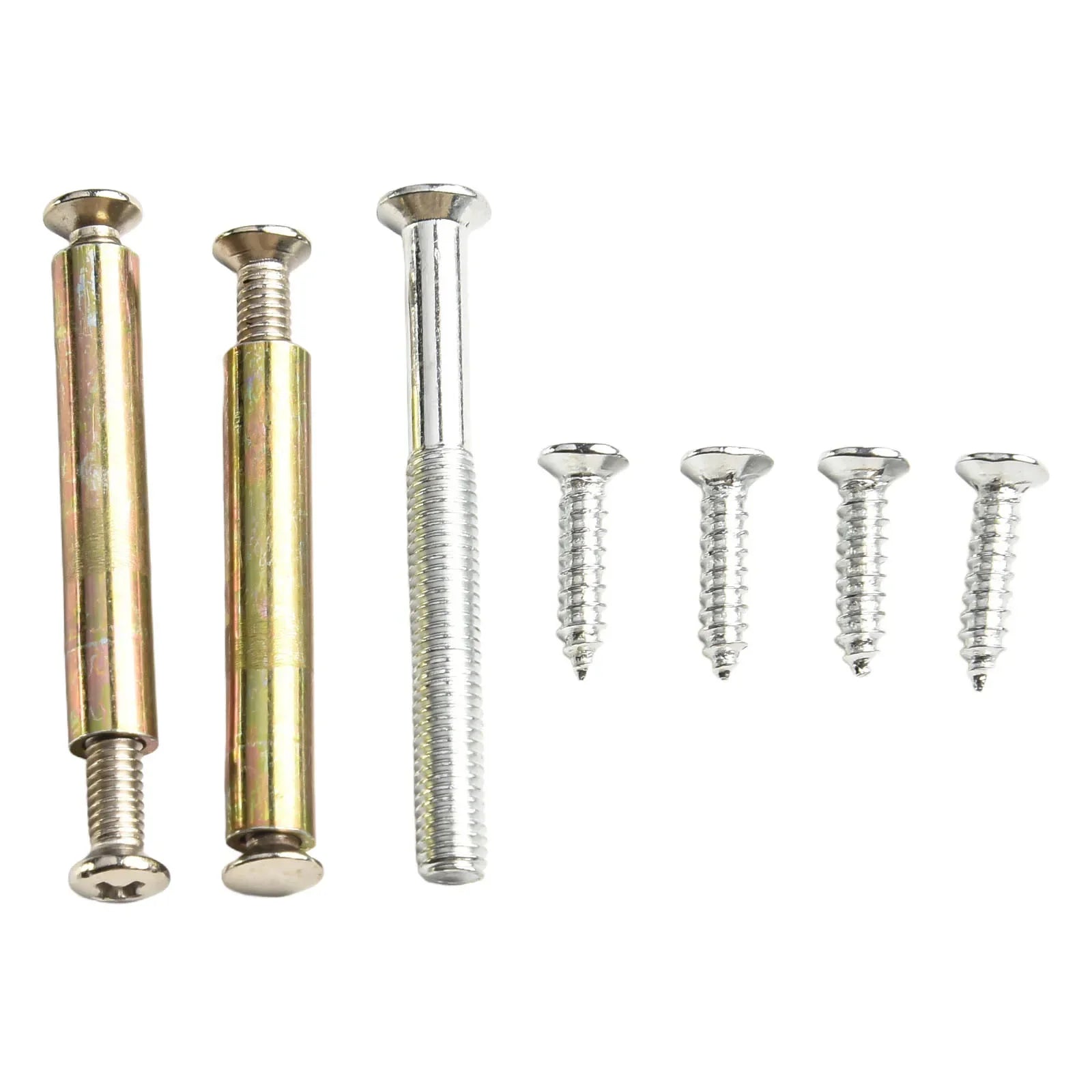 Assorted metal screws and bolts in silver and brass tones on a white background, showcasing threading details and smooth finishes.