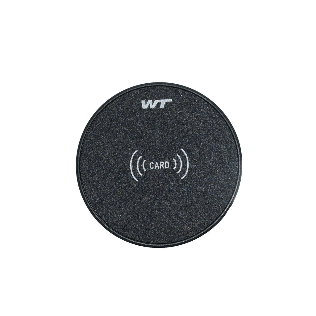 Smart Mini 13.56MHz RFID IC Card Sensing Cabinet Drawer Lock with black textured surface and WT logo.