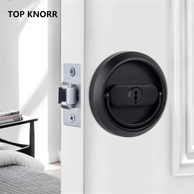 304 Stainless Steel Invisible Door Lock in matte black on a white door, featuring anti-theft design and double hook mechanism.