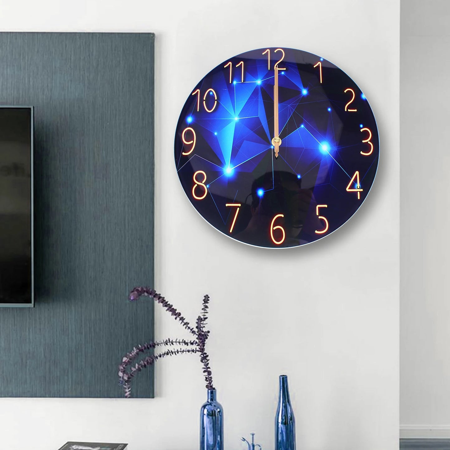 12inch Round Ultra-Thin Tempered Glass Wall Clock, Diamond Large Wall Clock, Blue Round Interior Modern Decorative Silent