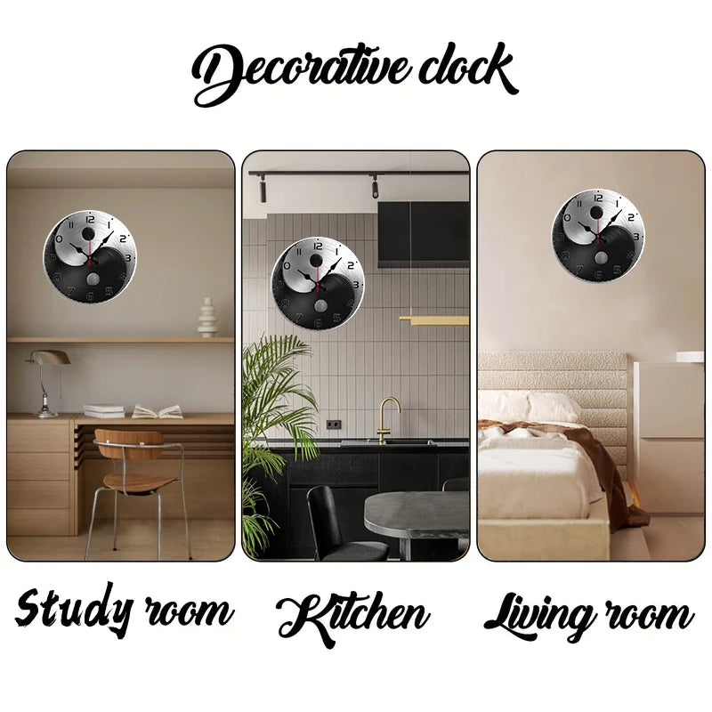 Yin Yang Metal Design Wooden Round Silent Hanging Wall Clock, Suitable For Living Room,Office,Study Room,Bedroom,Home Decoration