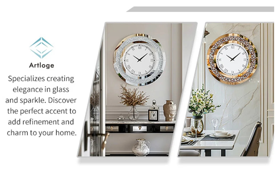 Silver,Tawny Tinted Round Mirror ,24inch Crystal Sparkle Twinkle Bling Crush Diamond Large Mirrored Wall Clock for Living Room