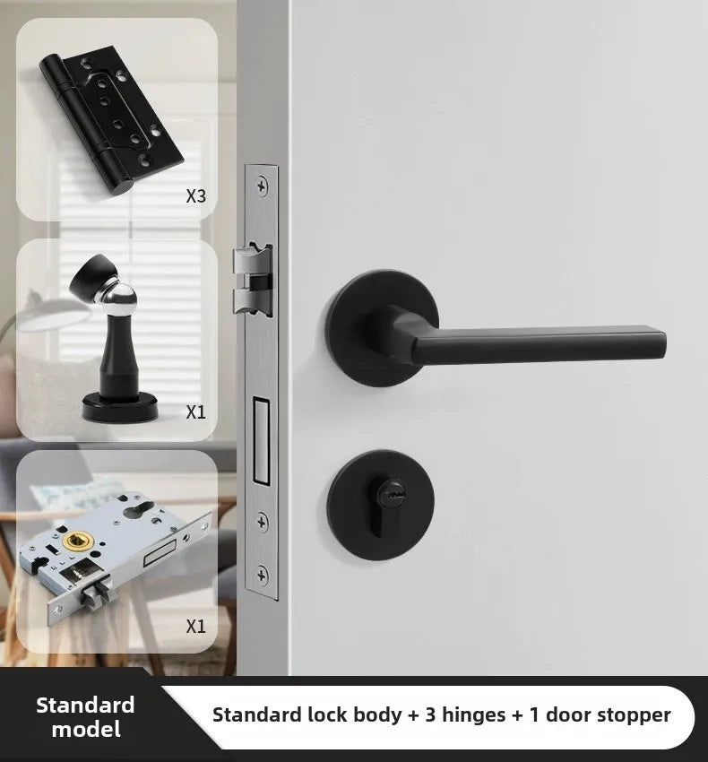 Black American Style Indoor Door Lock, Integrated Magnetic Silent Wooden Door Handle, Universal Home Bedroom Lock