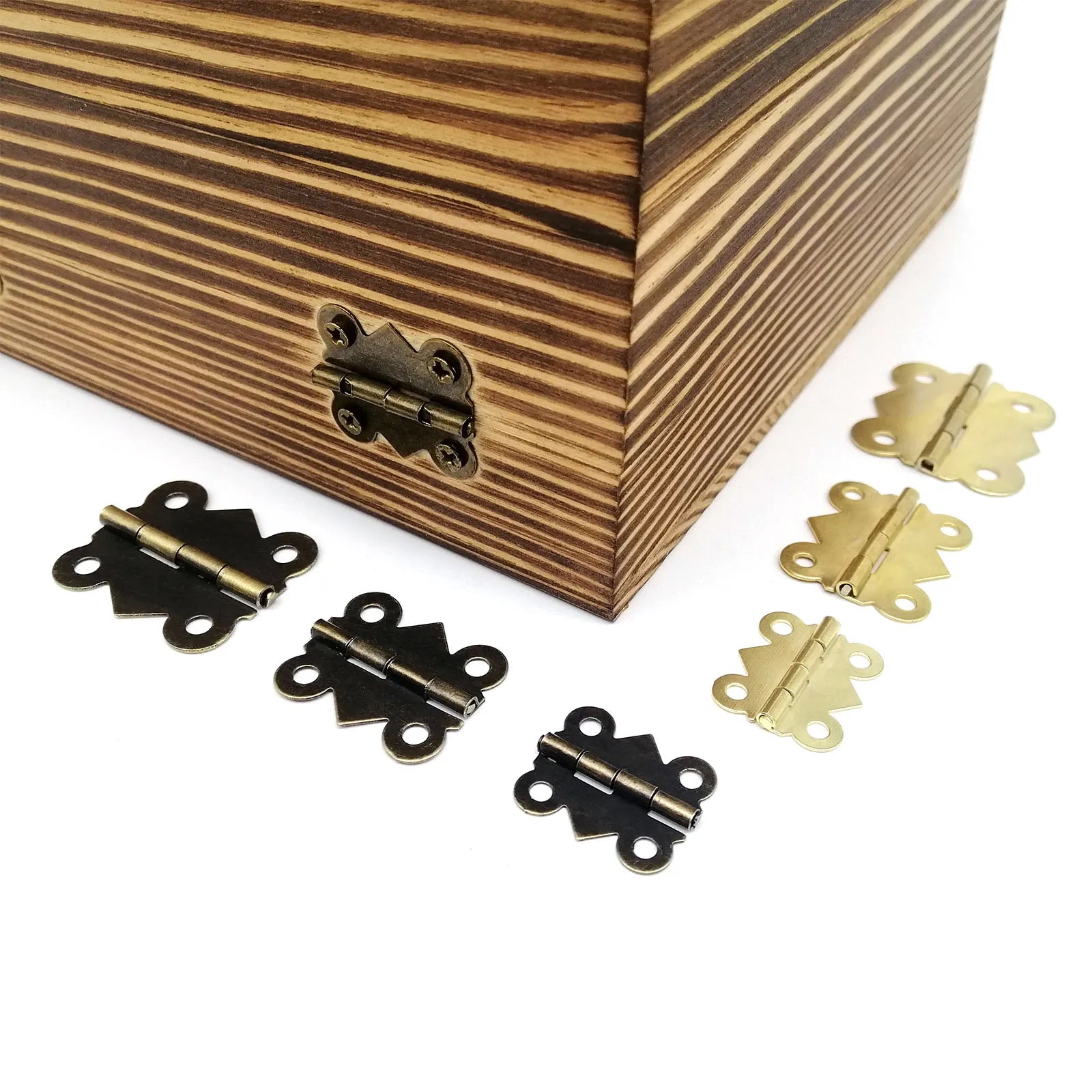 12pcs small butterfly-shaped hinges with screws in brass and bronze, shown with a wooden box.