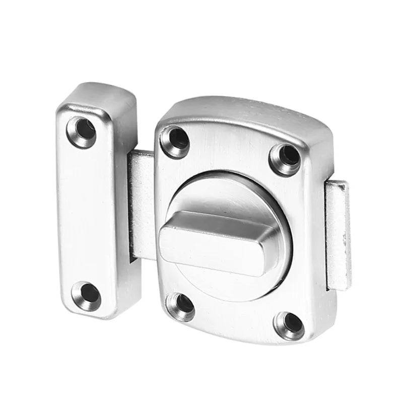 Stainless steel home security latch with a rotating bolt and four screw holes for secure door or cabinet installation.